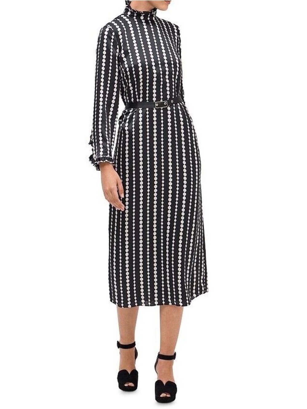 kate spade Black and White Vertical Dot-Stripe Silk Long Sleeve Midi Dress 4